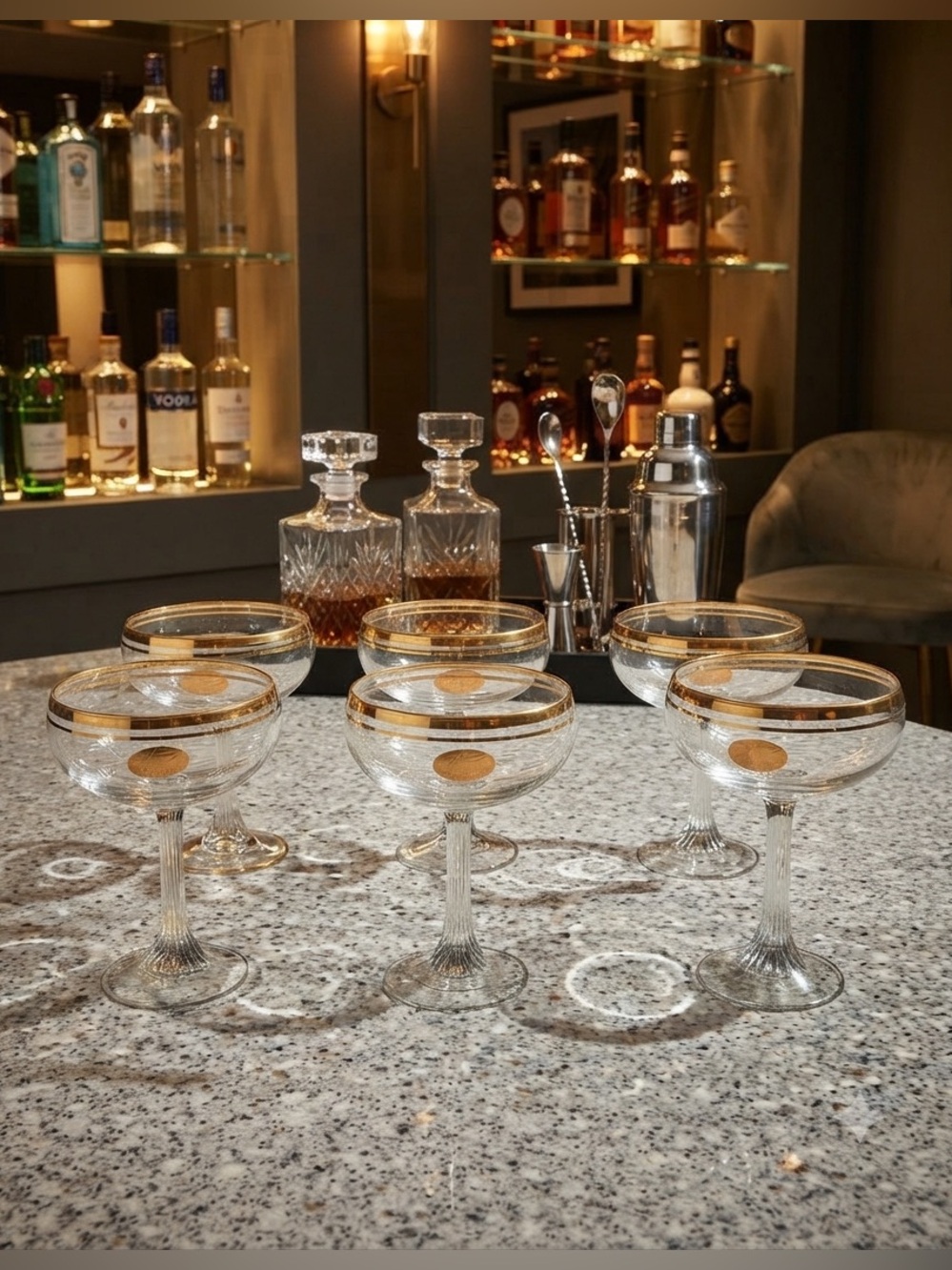 Set of 6 Vintage Valencia Champagne Coupe Glasses with 24kt Gold Rim